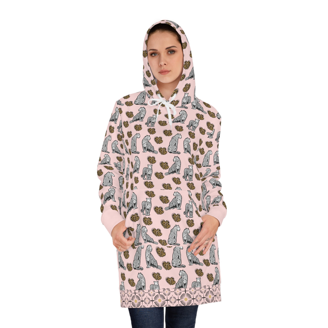 Pale Pink Cheetah Hearts Hoodie Dress (AOP)
