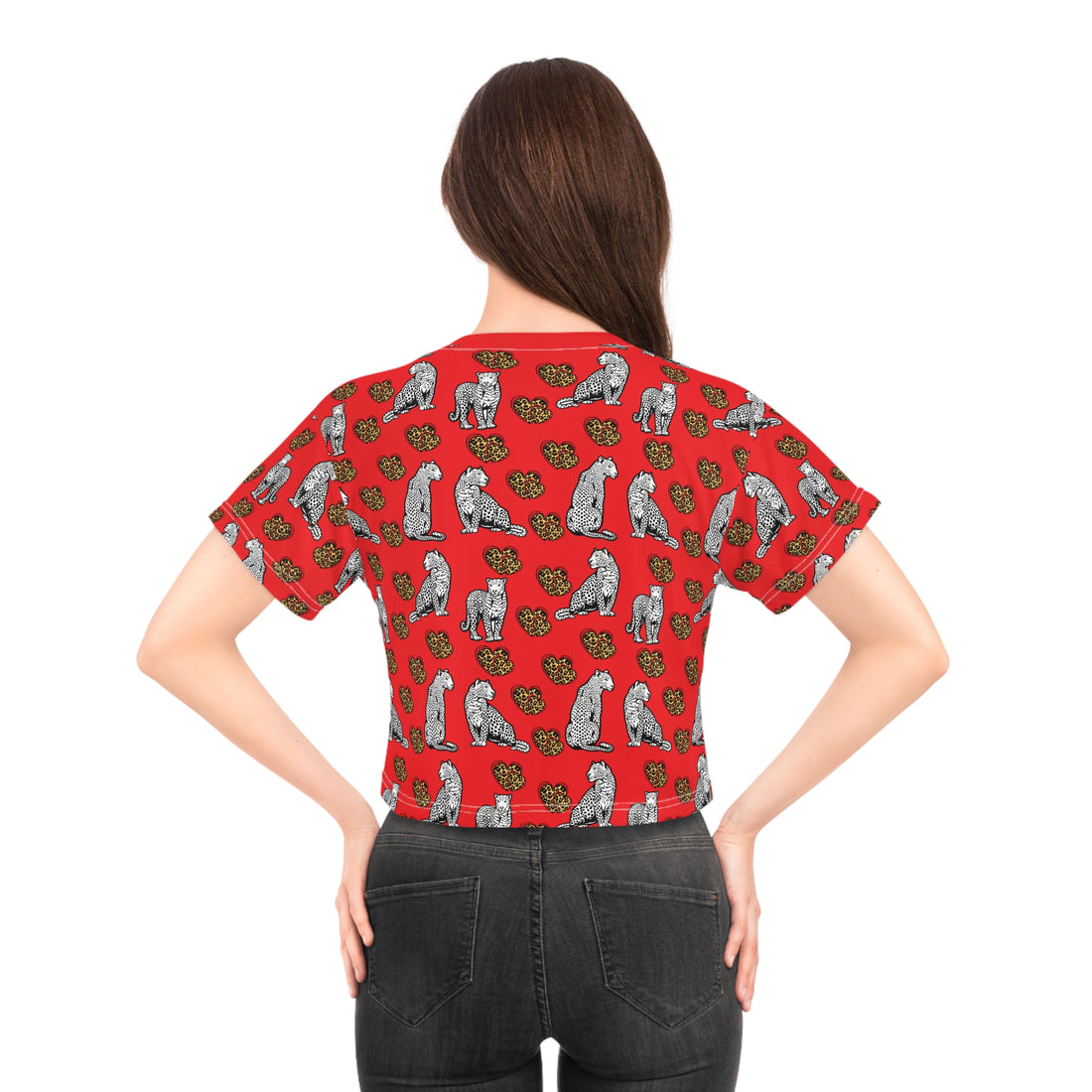 Red Cheetah Hearts AOP Crop Tee