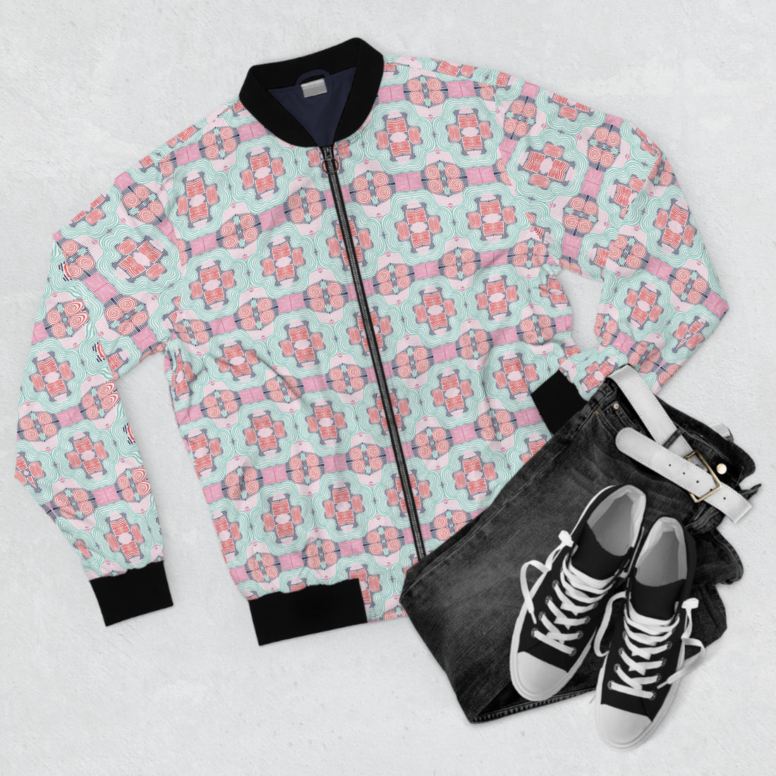 White Geometric Print Men's Bomber Jacket