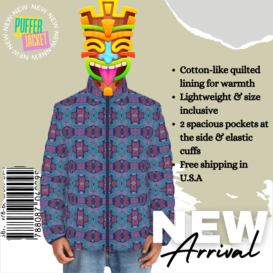 Blue Men's Geometric Print Puffer Jacket