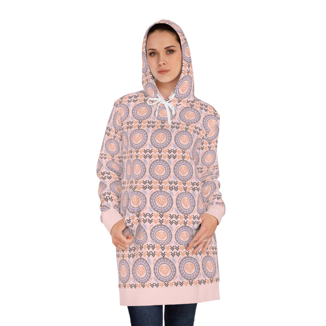 Pale Pink Geo Lion Head Hoodie Dress (AOP)
