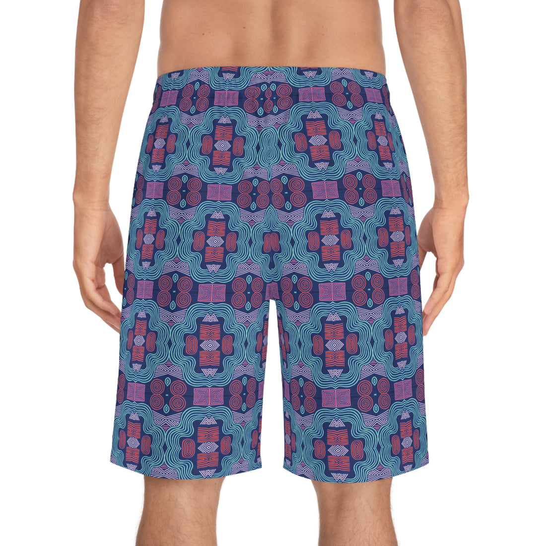 Blue Geometric Print Men's Board Shorts (AOP)