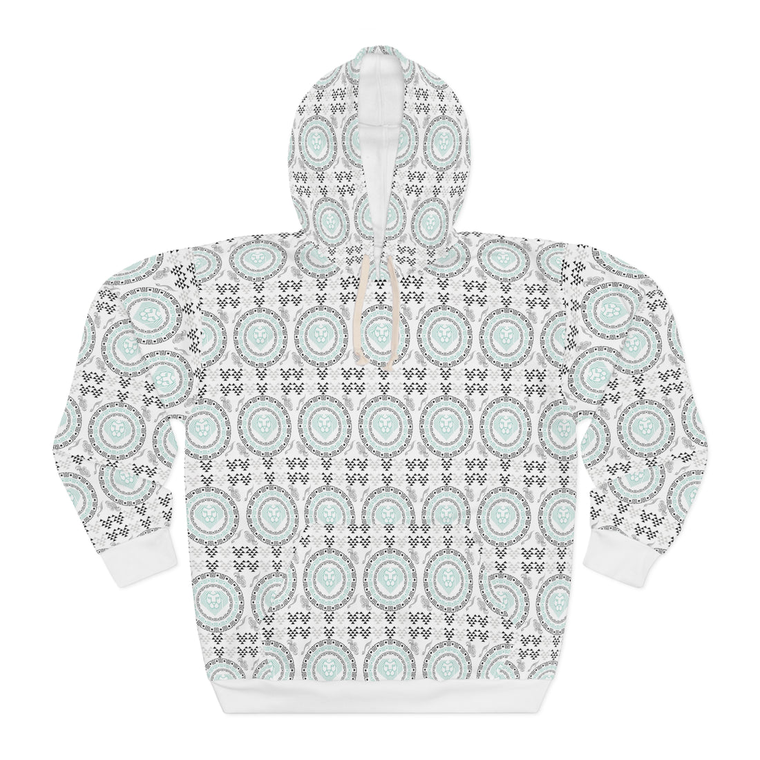 White Geo Lion Head Pullover Hoodie