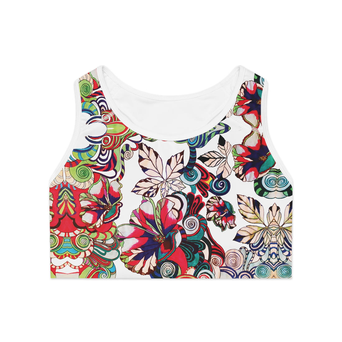 White Graphic Floral Pop Racer Back (AOP) Sports Bra
