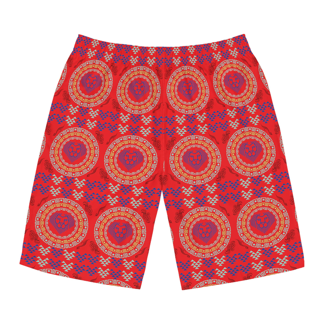 Red Geo Lion Head Men's Board Shorts (AOP)