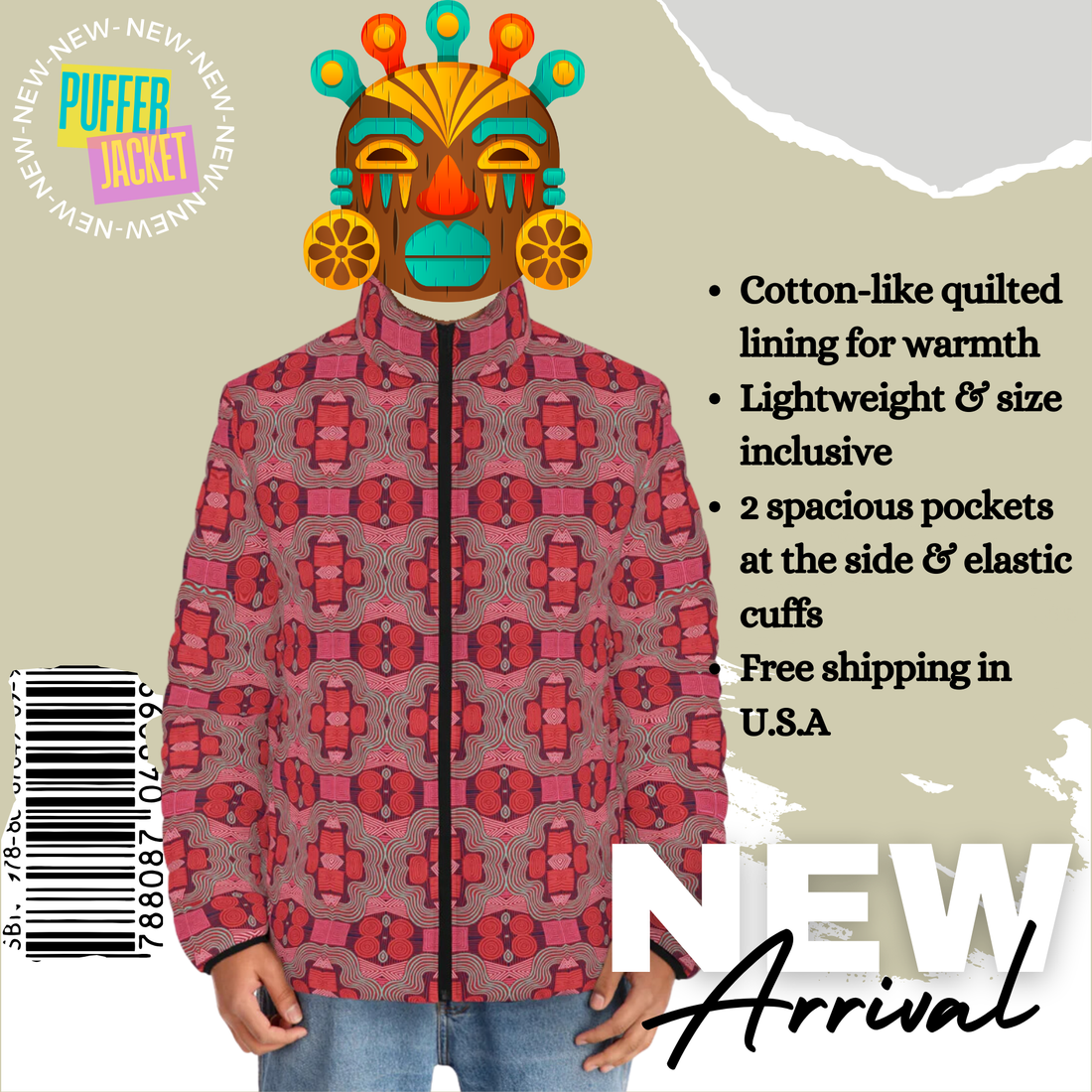 Deep Red Men's Geometric Print Puffer Jacket