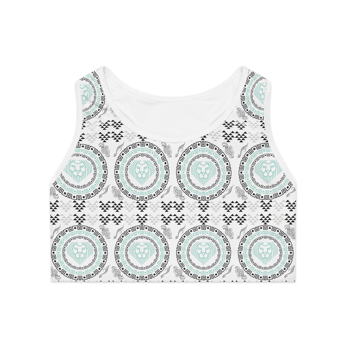 White Geo Lion Head Racerback (AOP) Sports Bra