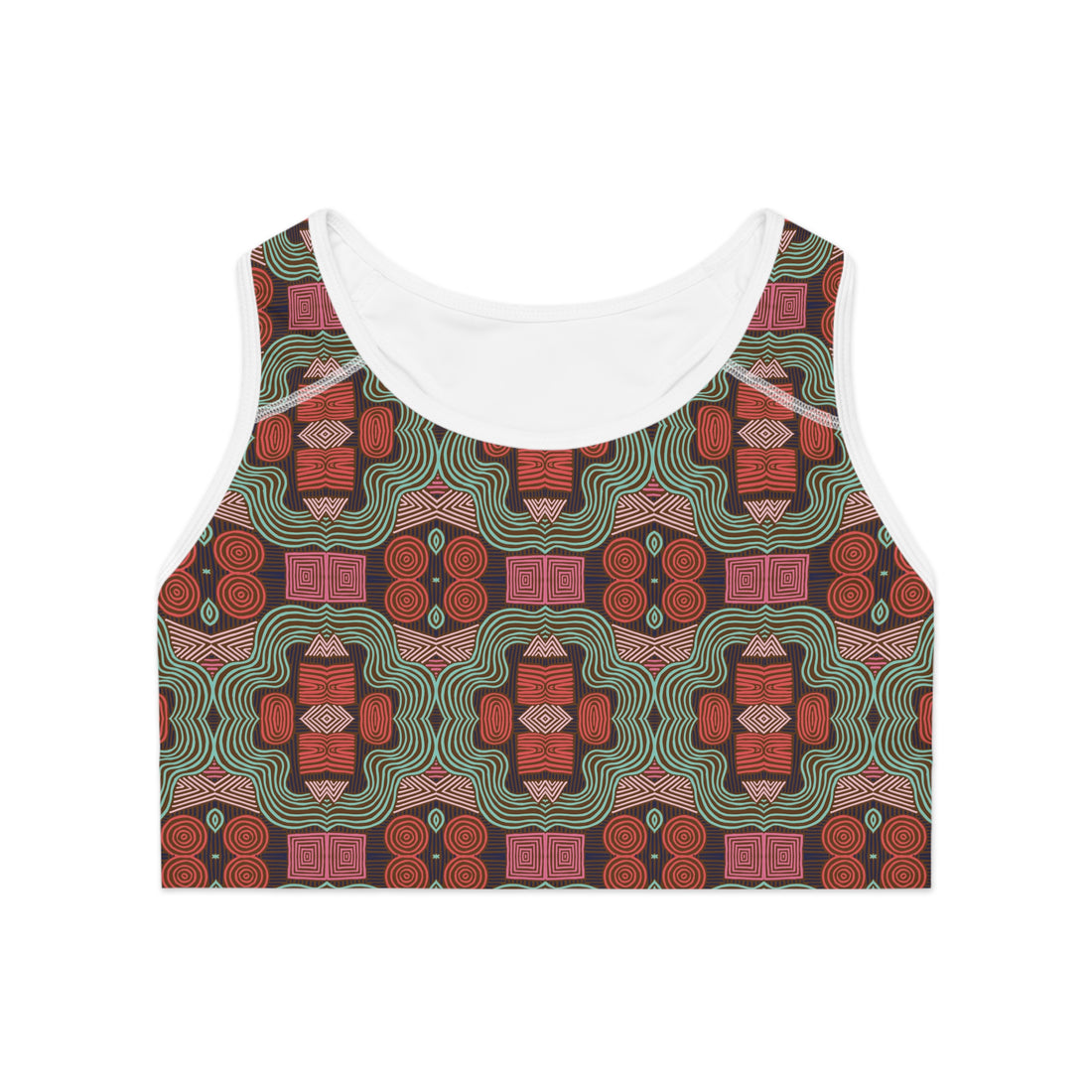 Brown Geometric Print (AOP) Racerback Sports Bra