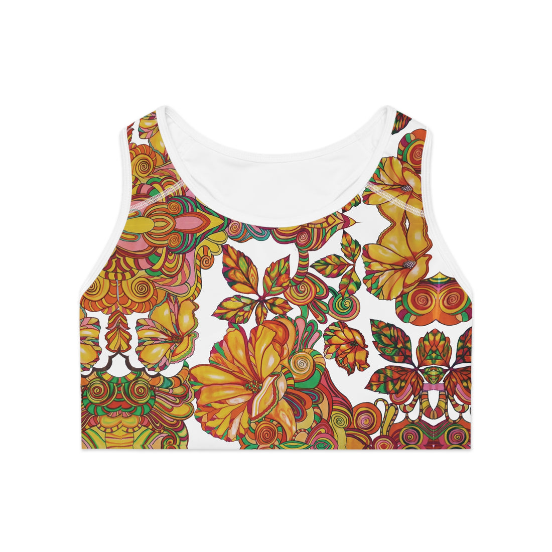 White Artsy Floral Racer Back (AOP) Sports Bra