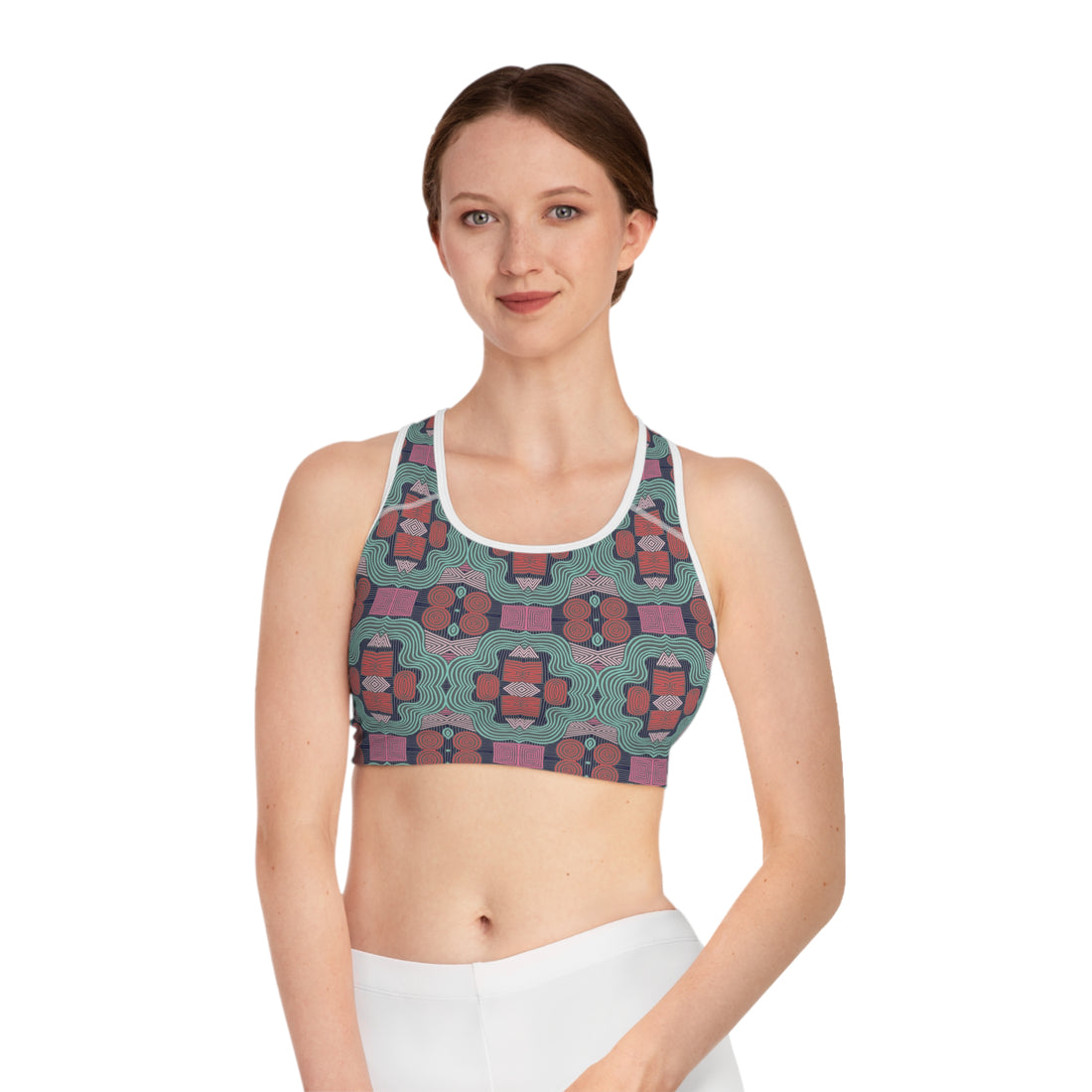 Ash Geometric Print (AOP) Racerback Sports Bra