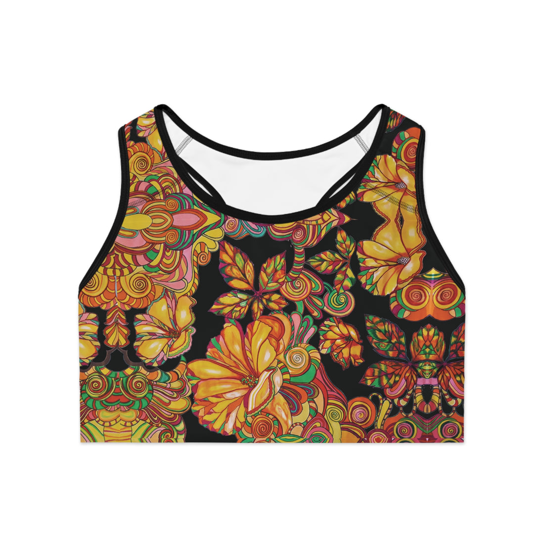 Black Artsy Floral Racer Back (AOP) Sports Bra