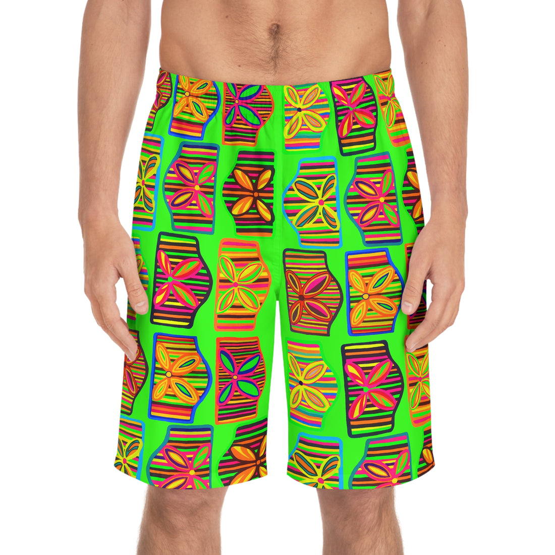 Neon Green Deco Print Men's Board Shorts (AOP)