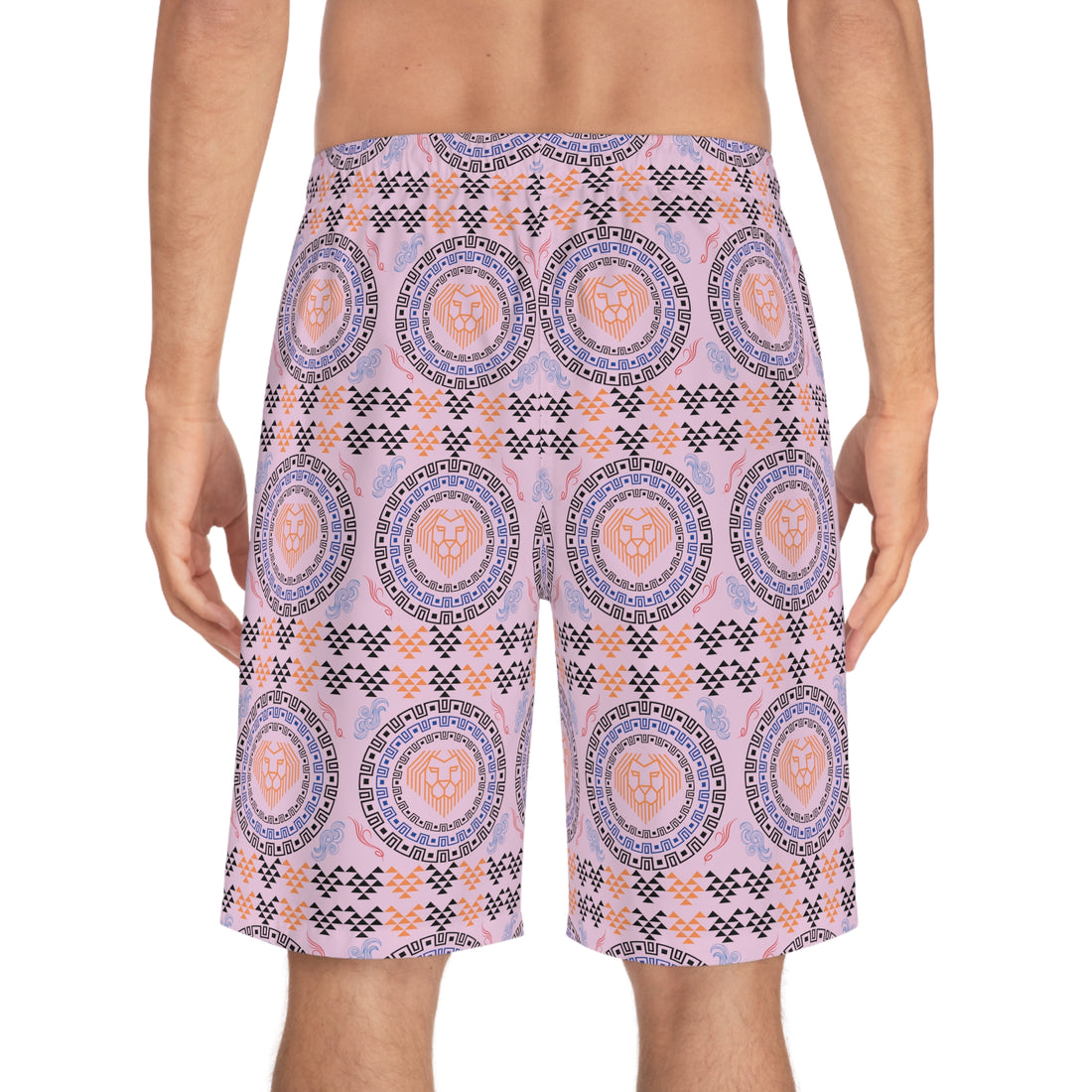 Lilac Geo Lion Head Men's Board Shorts (AOP)