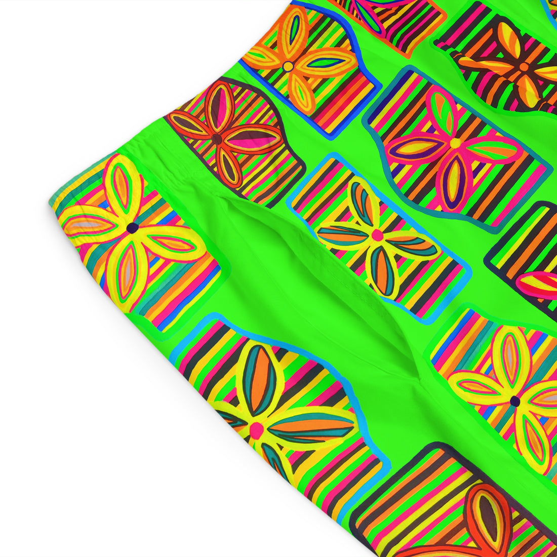 neon green men's art deco print board shorts