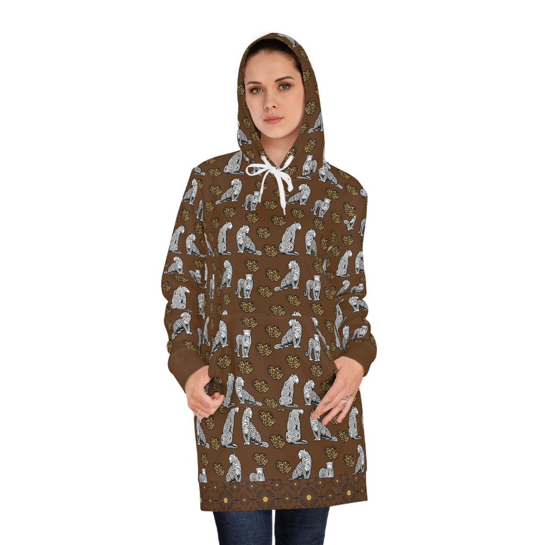 Brown Cheetah Hearts Hoodie Dress (AOP)