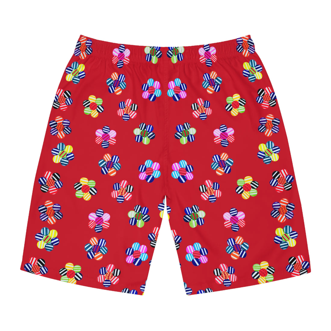 Deep Red Geo Candy Floral Men's Board Shorts (AOP)