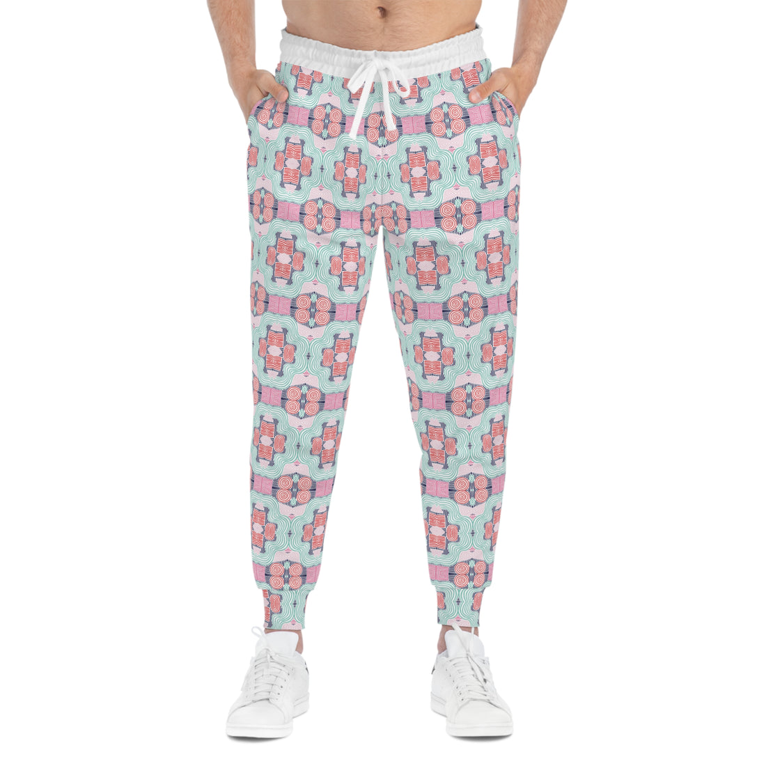 White Geometric Print Unisex Joggers