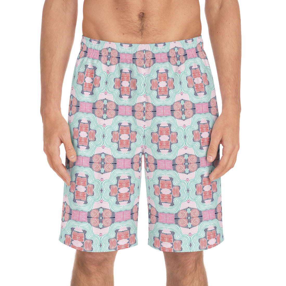 White Geometric Print Men's Board Shorts (AOP)