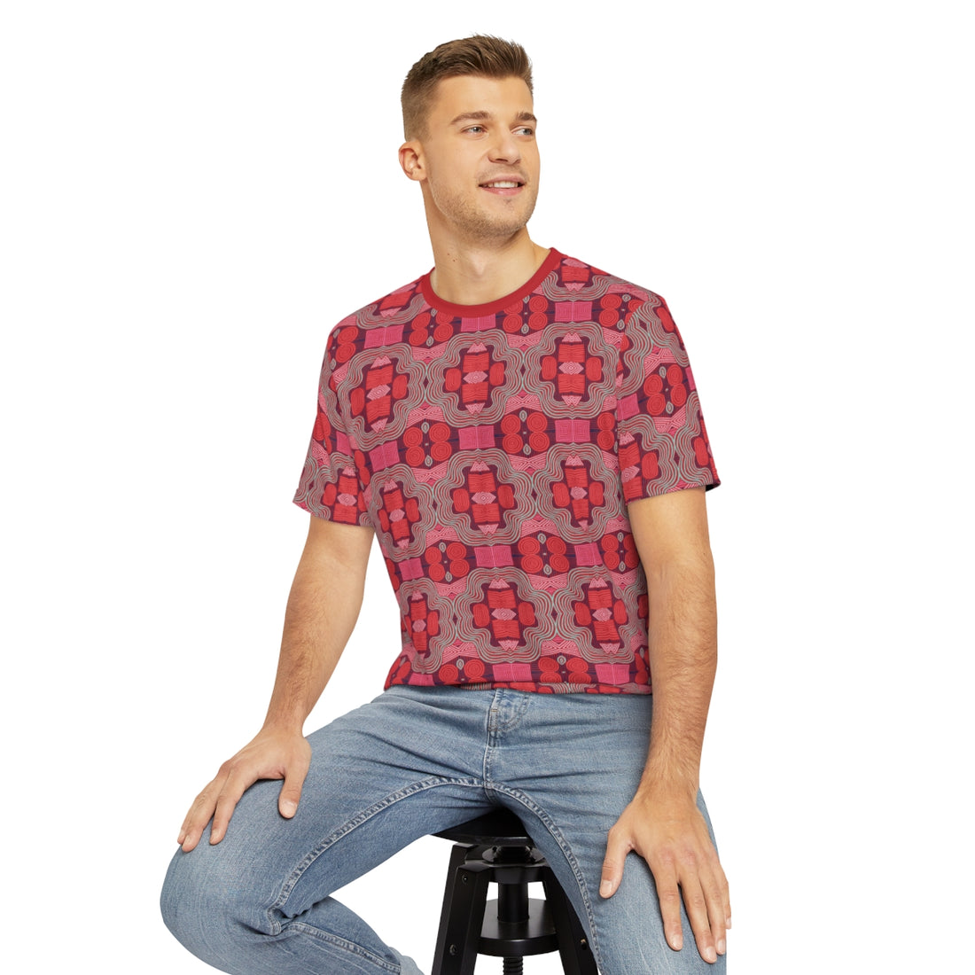 Red Geometric Print Men's Polyester Tee (AOP)