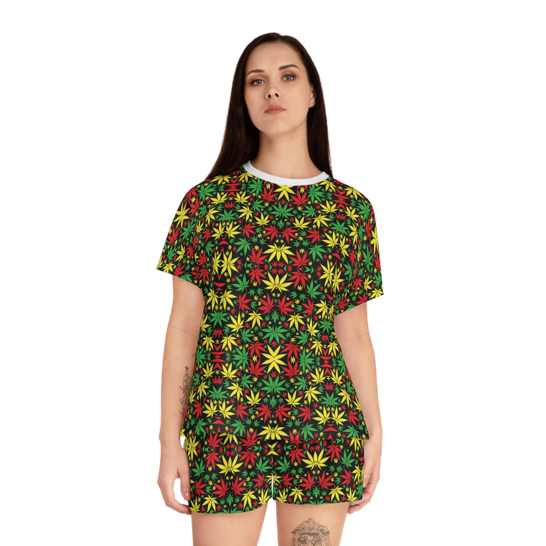 Black Tropical Rasta Toned Short Pajama Set (AOP)