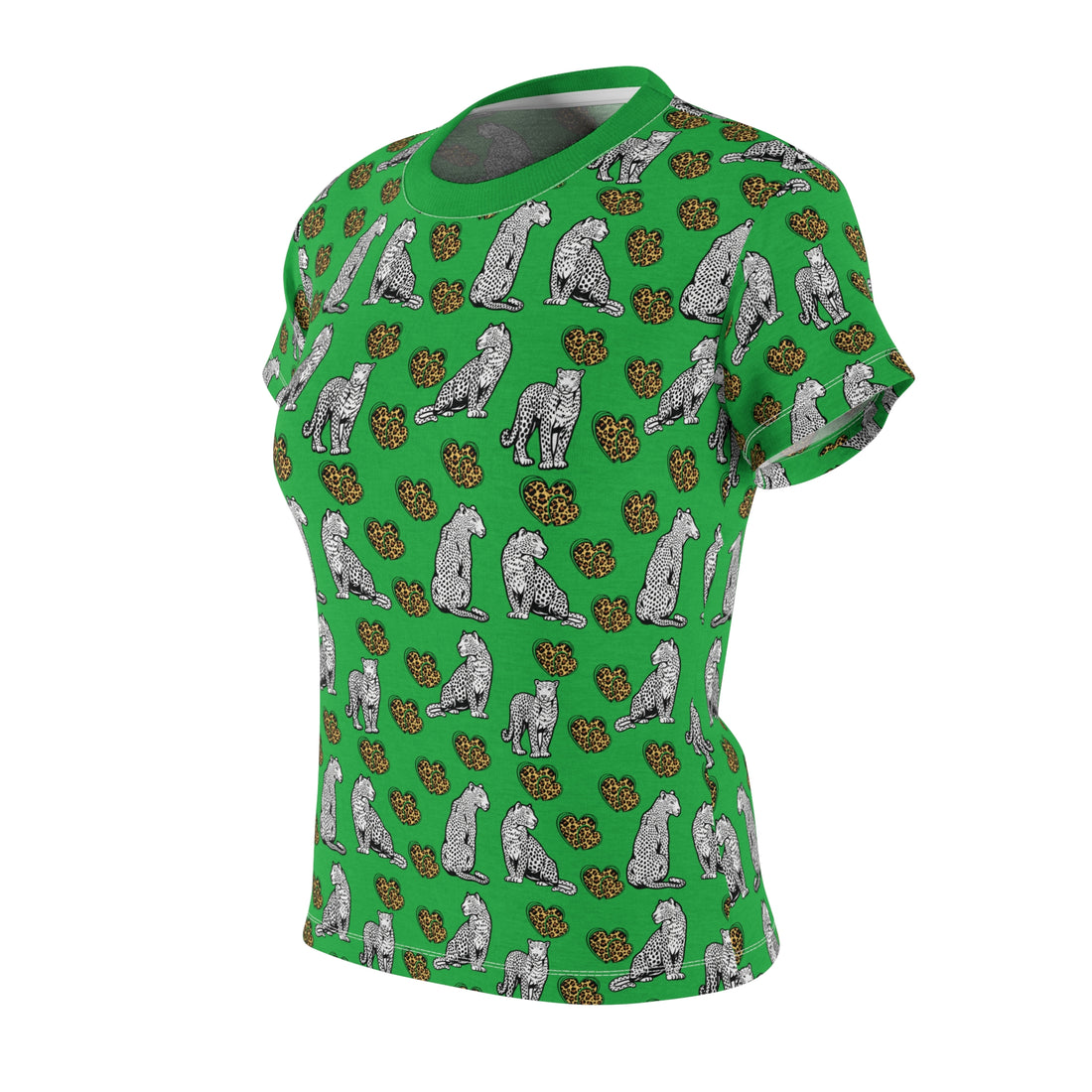 Lawn Green Cheetah Hearts AOP Women's Cap Sleeves T-shirt