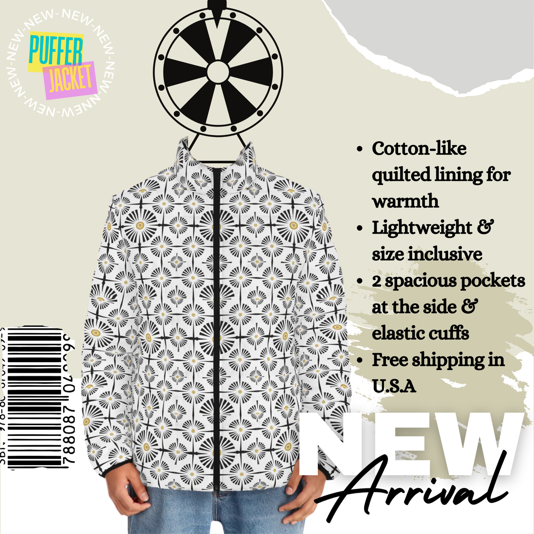 White Wheels & Spokes Men's Puffer Jacket
