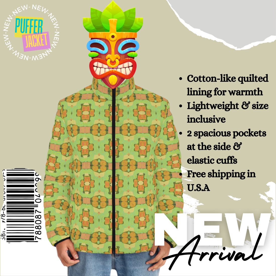 Lime Men's Geometric Print Puffer Jacket