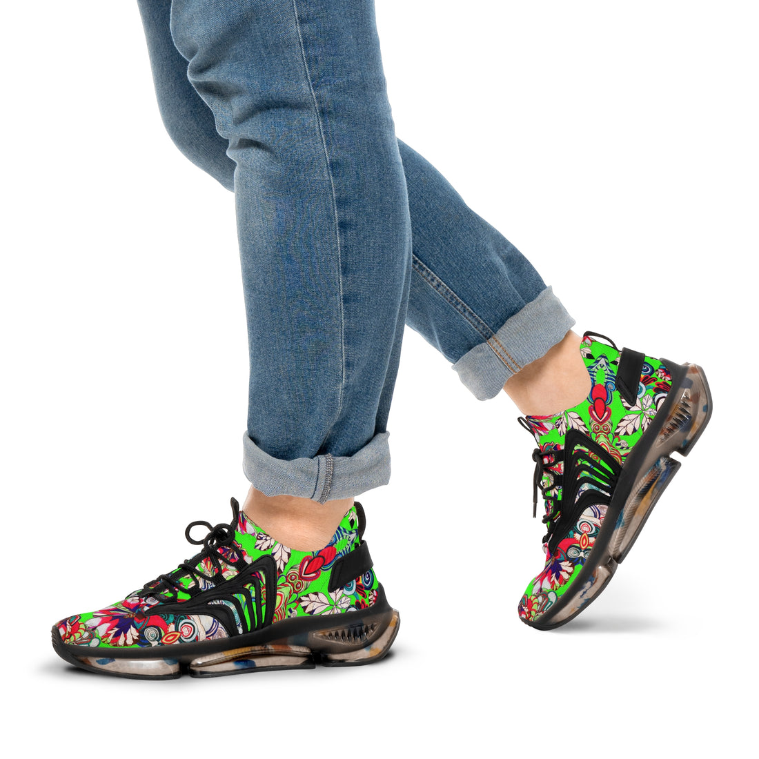 Neon Green Floral Pop OTT Men's Mesh Knit Sneakers