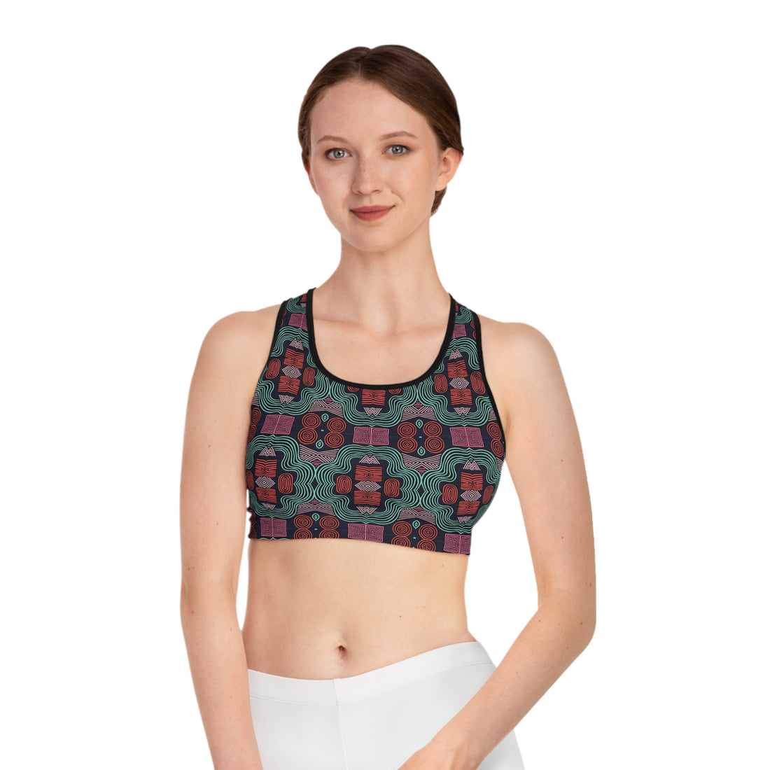 Black Geometric Print (AOP) Racerback Sports Bra