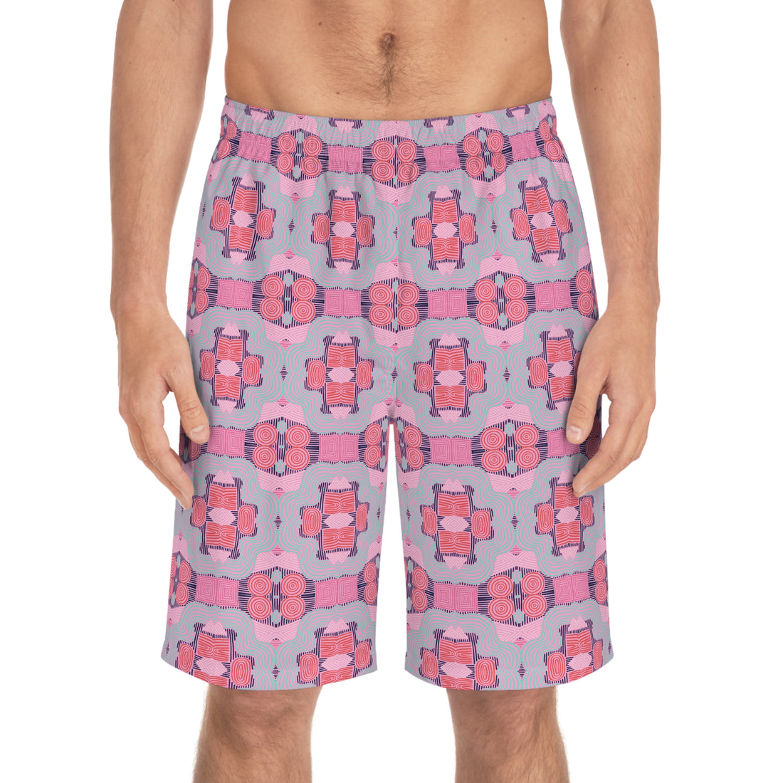 Muted Pink Geometric Print Men's Board Shorts (AOP)