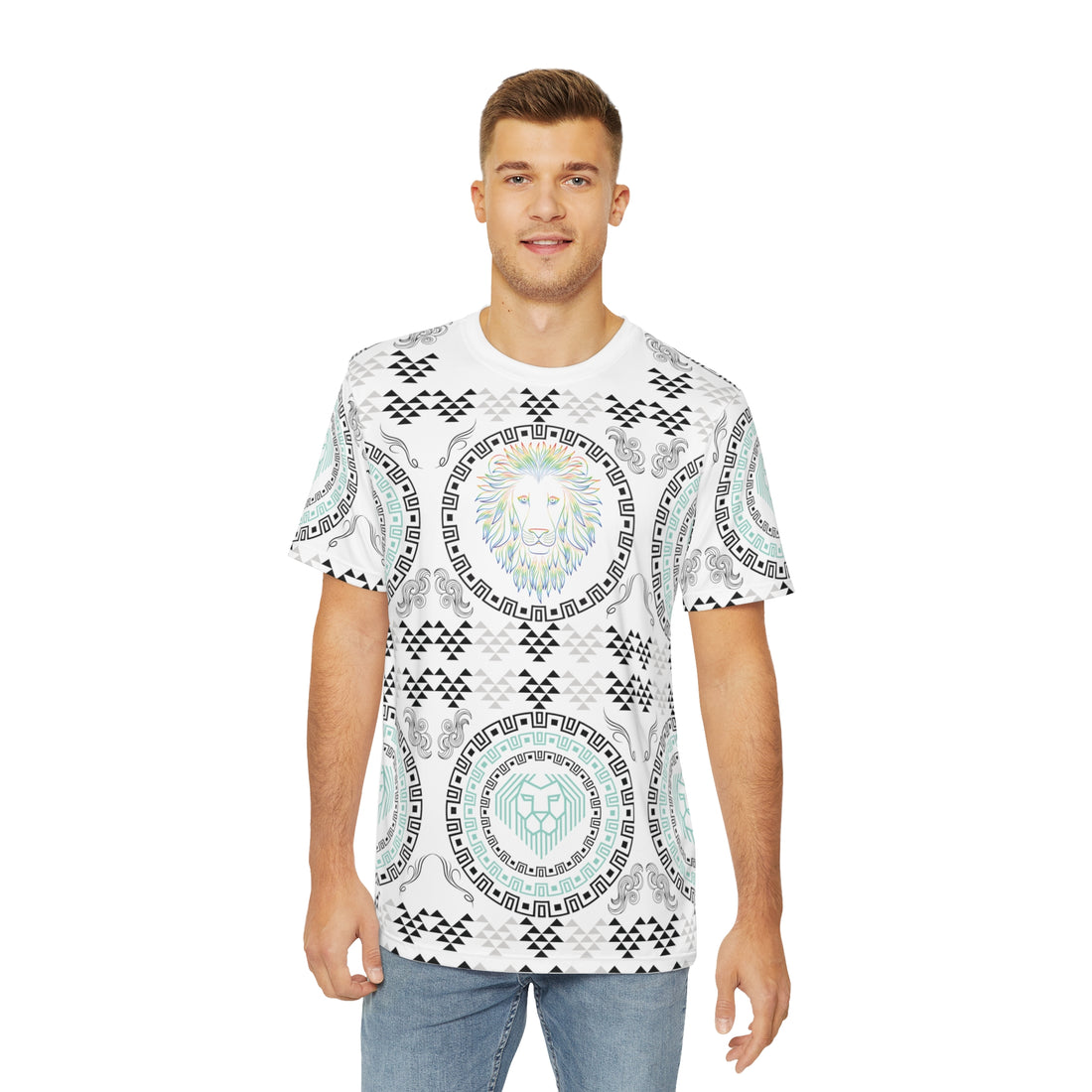 White Geo Lion Head Polyester Tee (AOP)
