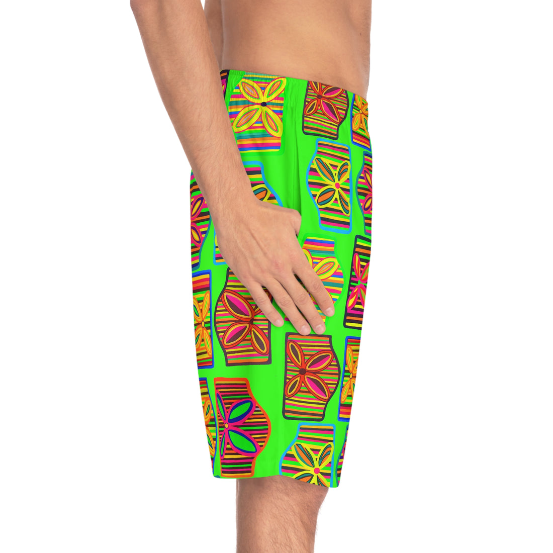 Neon Green Deco Print Men's Board Shorts (AOP)