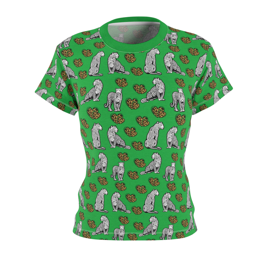 Lawn Green Cheetah Hearts AOP Women's Cap Sleeves T-shirt