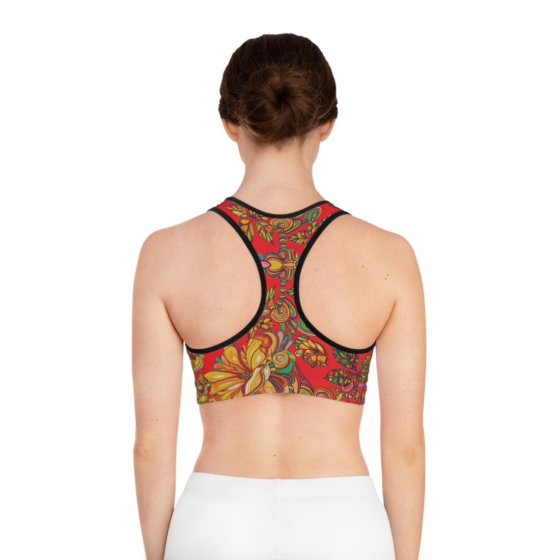 Red Artsy Floral Racer Back (AOP) Sports Bra