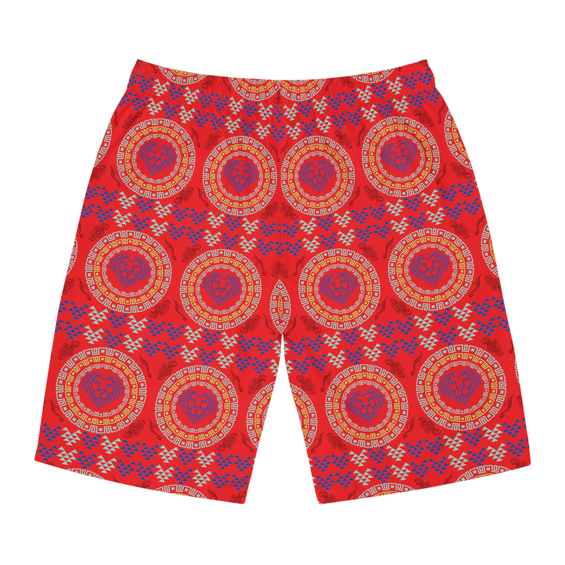 Red Geo Lion Head Men's Board Shorts (AOP)