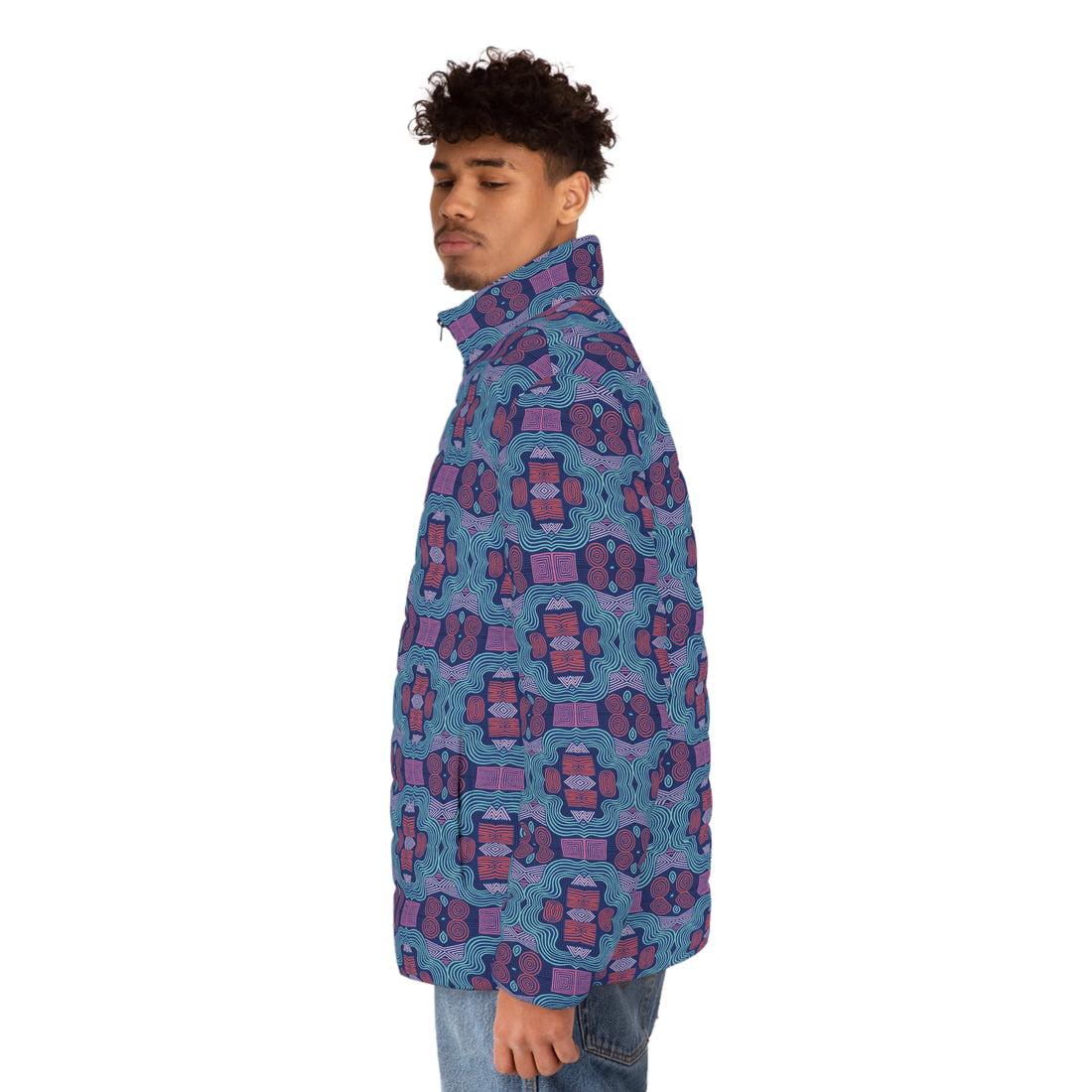 Blue Men's Geometric Print Puffer Jacket