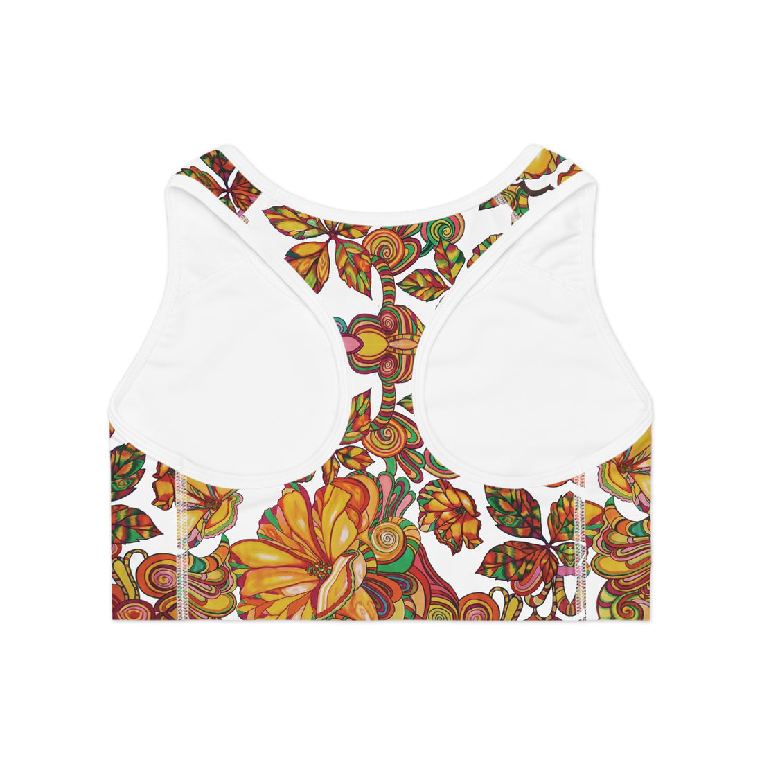 White Artsy Floral Racer Back (AOP) Sports Bra