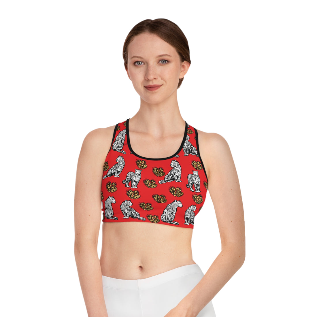 Red Cheetah Hearts (AOP) Sports Bra