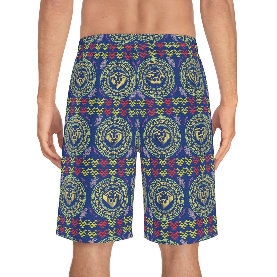Royal Blue Geo Lion Head Men's Board Shorts (AOP)