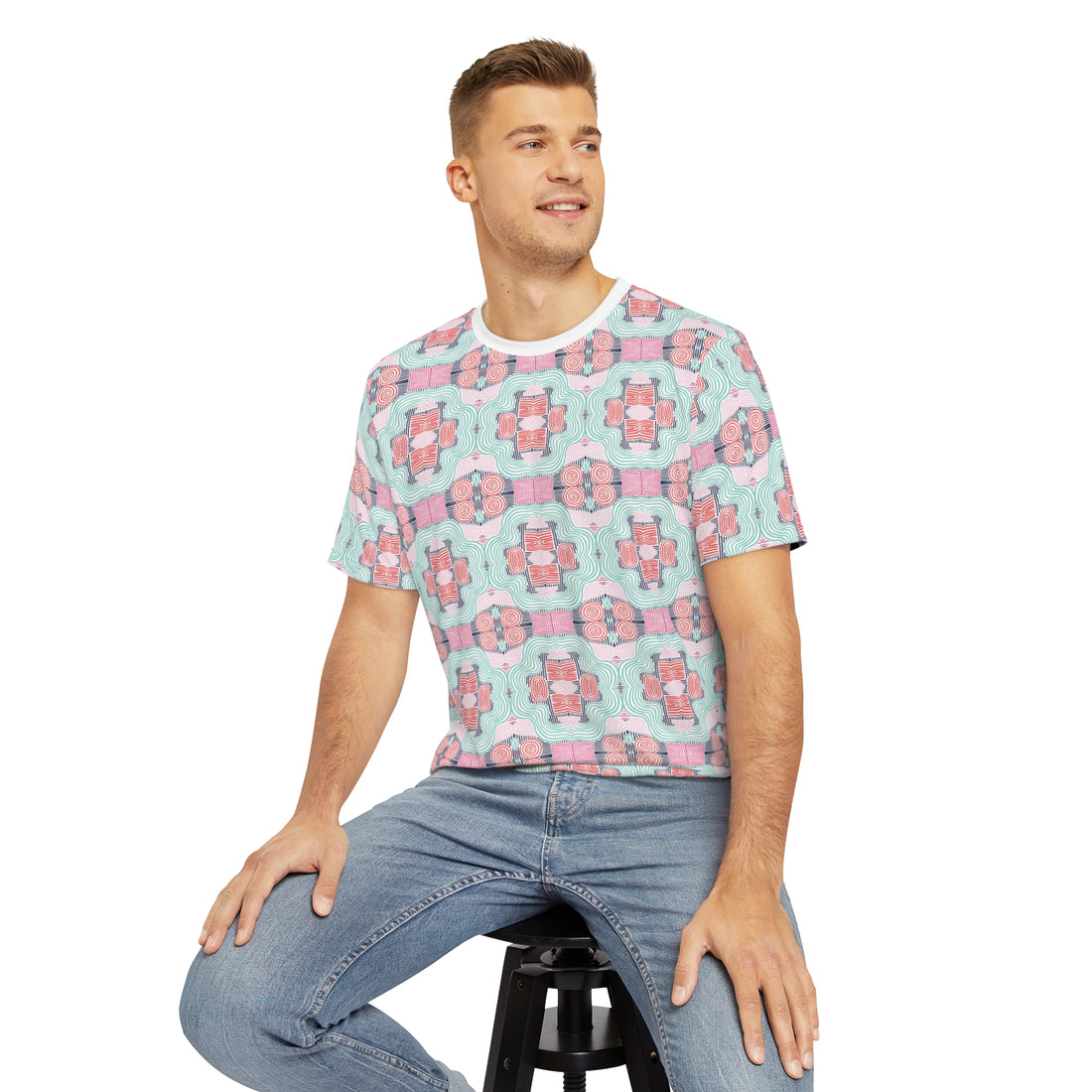 White Geometric Print Men's Polyester Tee (AOP)