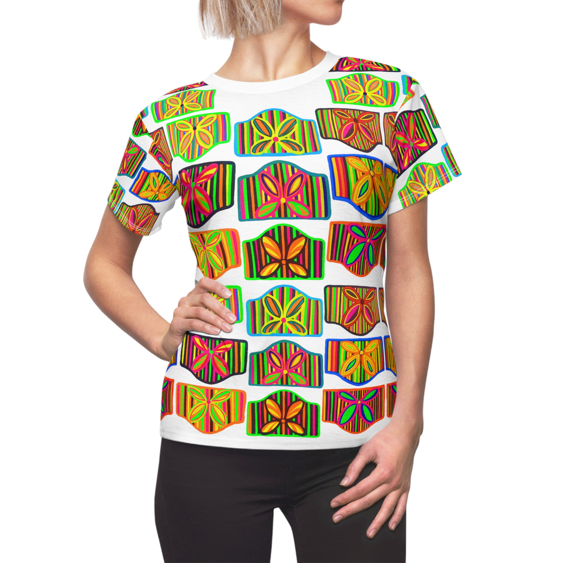 White Deco AOP Women's Cap Sleeves T-shirt