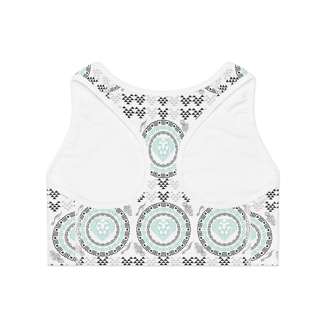 White Geo Lion Head Racerback (AOP) Sports Bra