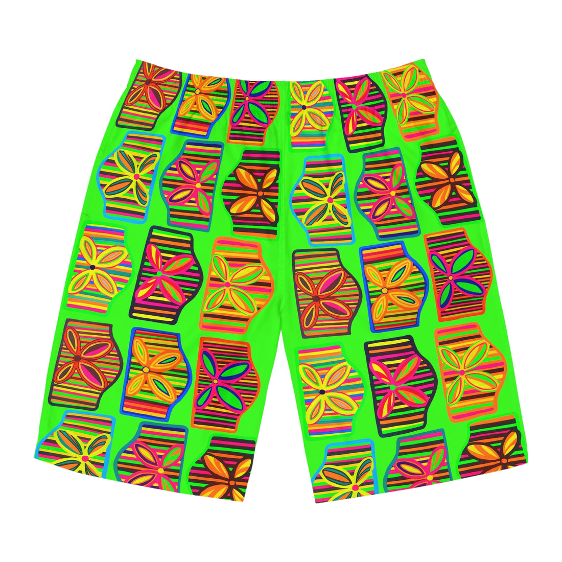 Neon Green Deco Print Men's Board Shorts (AOP)
