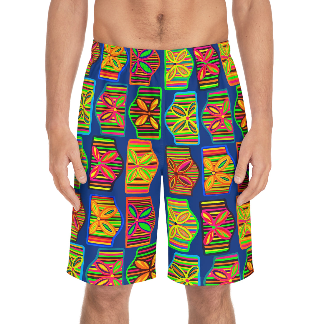 royal blue art deco print men's board basketball shorts