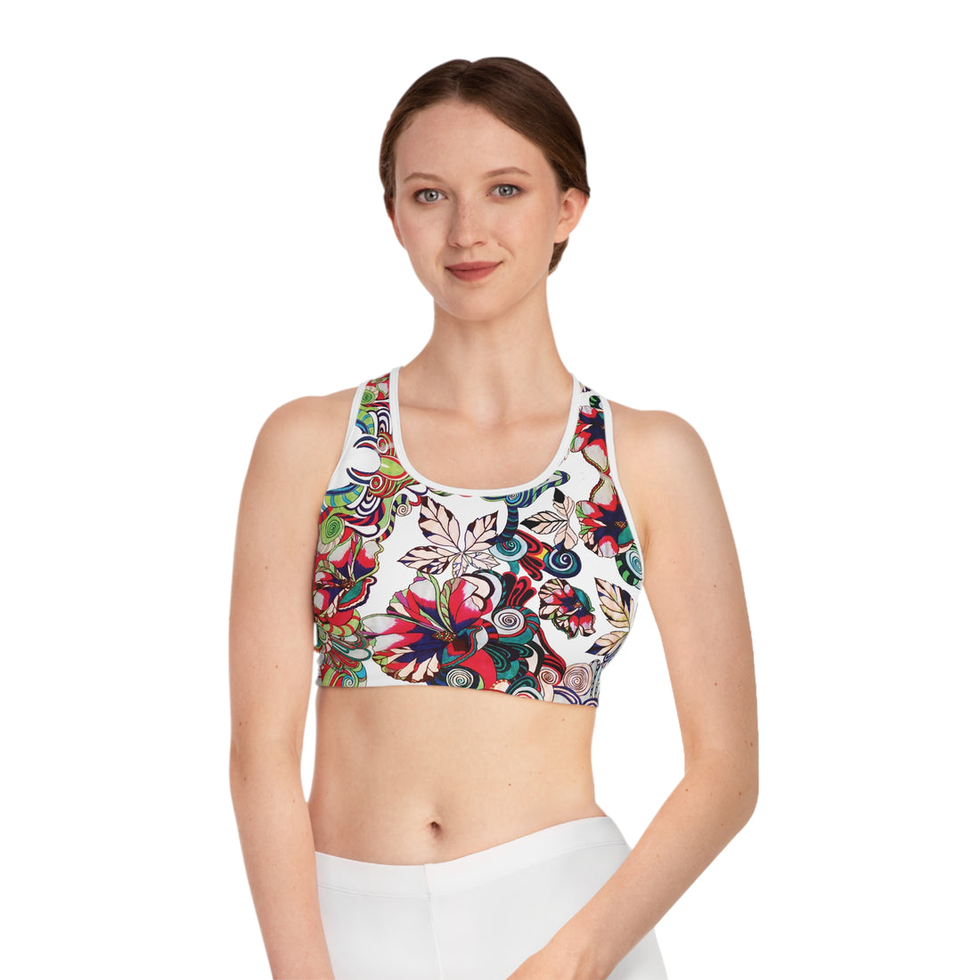 White Graphic Floral Pop Racer Back (AOP) Sports Bra