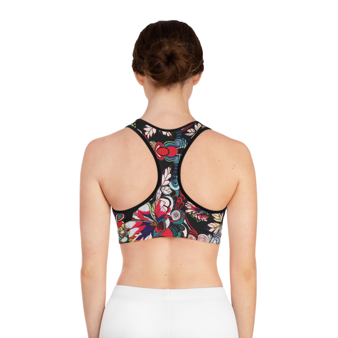 Black Graphic Floral Pop Racer Back (AOP) Sports Bra