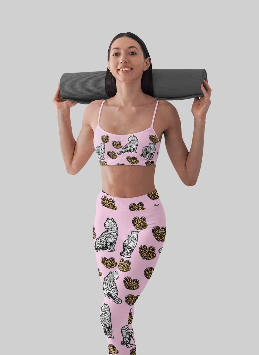 Pale Pink Cheetah Hearts Racer Back Sports Bra & Yoga Leggings Bundle
