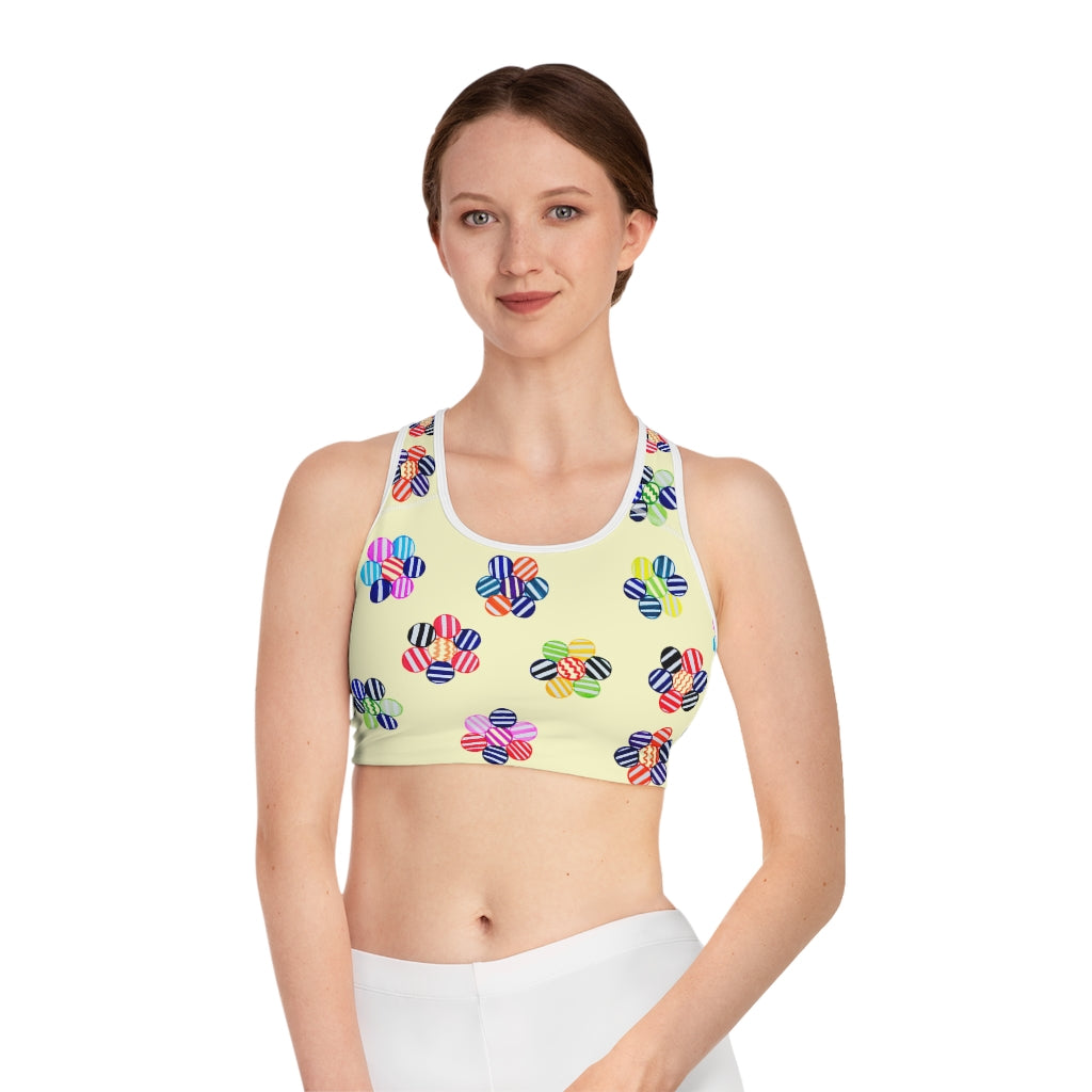 cream geometric flowers sports bra