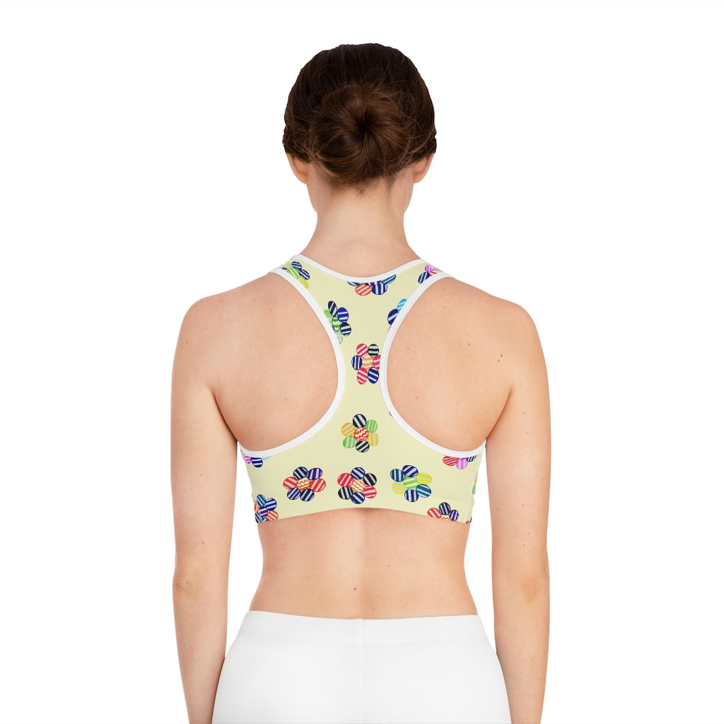 cream geometric flowers sports bra