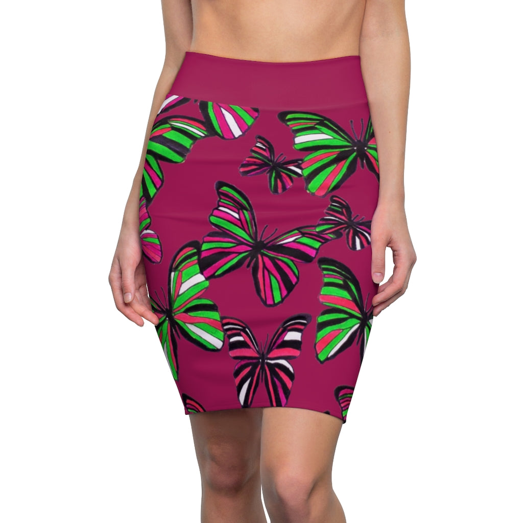 Dark Pink Butterflies Pencil Skirt